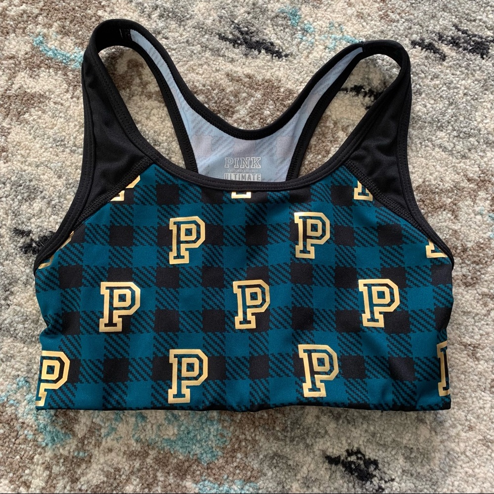 🌸 3/$30 Victoria’s Secret PINK Ultimate plaid sports bra with gold logo!